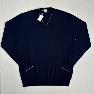 NWT Eleventy Silk Merino Wool Knit V Neck Sweater Women XXL Navy Blue Light Prep